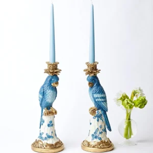 Best Sale Blue & White Parrot Candle Holder (Pair) Candle Holders
