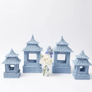 Outlet Blue Rattan Pagoda Lantern Set Candle Holders