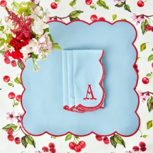 Best Sale Blue With Red Scallop Placemats & Napkins (Set Of 4) Table Linen Sets