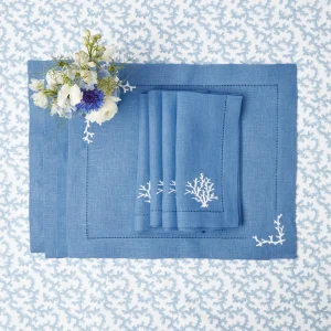 Cheap Coral Blue Linen Placemats & Napkins (Set Of 4) Table Linen Sets