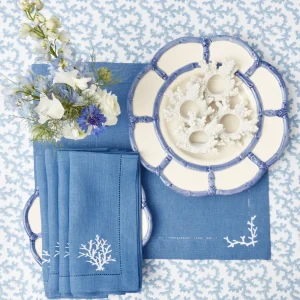 Cheap Coral Blue Linen Placemats & Napkins (Set Of 4) Table Linen Sets