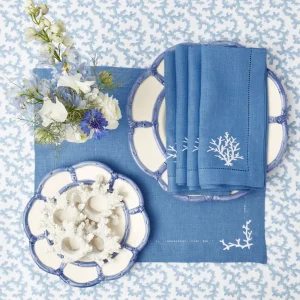 Cheap Coral Blue Linen Placemats & Napkins (Set Of 4) Table Linen Sets