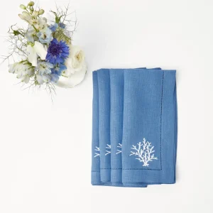 Cheap Coral Blue Linen Placemats & Napkins (Set Of 4) Table Linen Sets