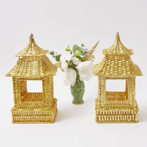 Sale Gold Rattan Pagoda Lantern Candle Holders
