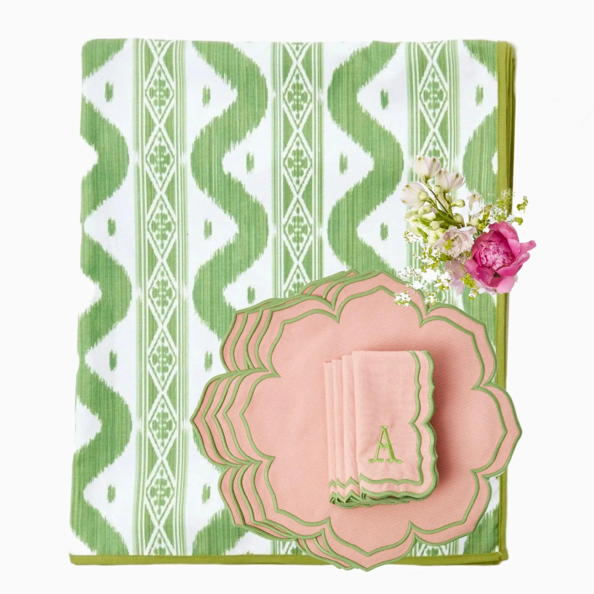 green_ikat__pink_fleur_li_0.webp Fashion Green Ikat & Pink Fleur Linen Set Table Linen Sets