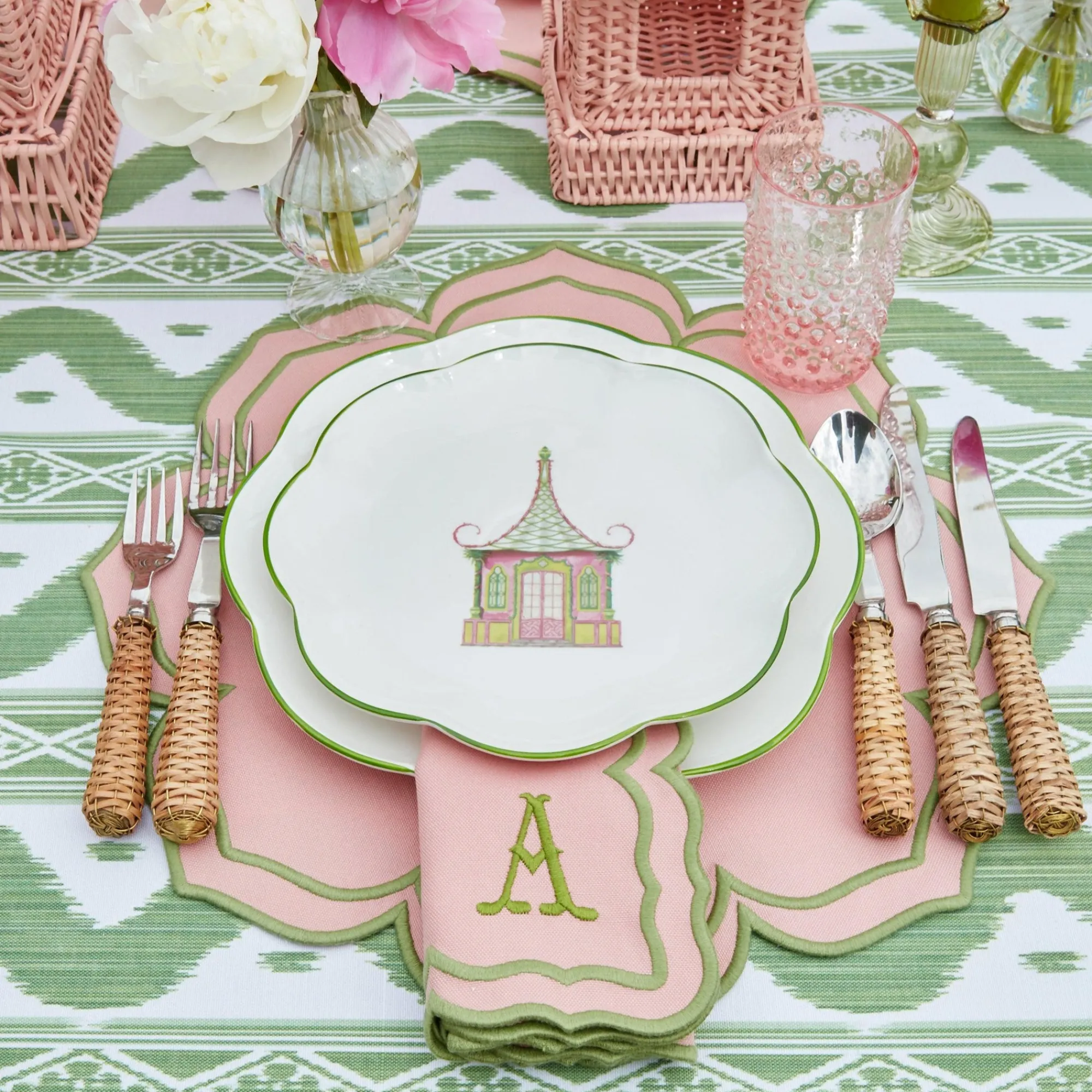 green_ikat__pink_fleur_li_10.webp Fashion Green Ikat & Pink Fleur Linen Set Table Linen Sets