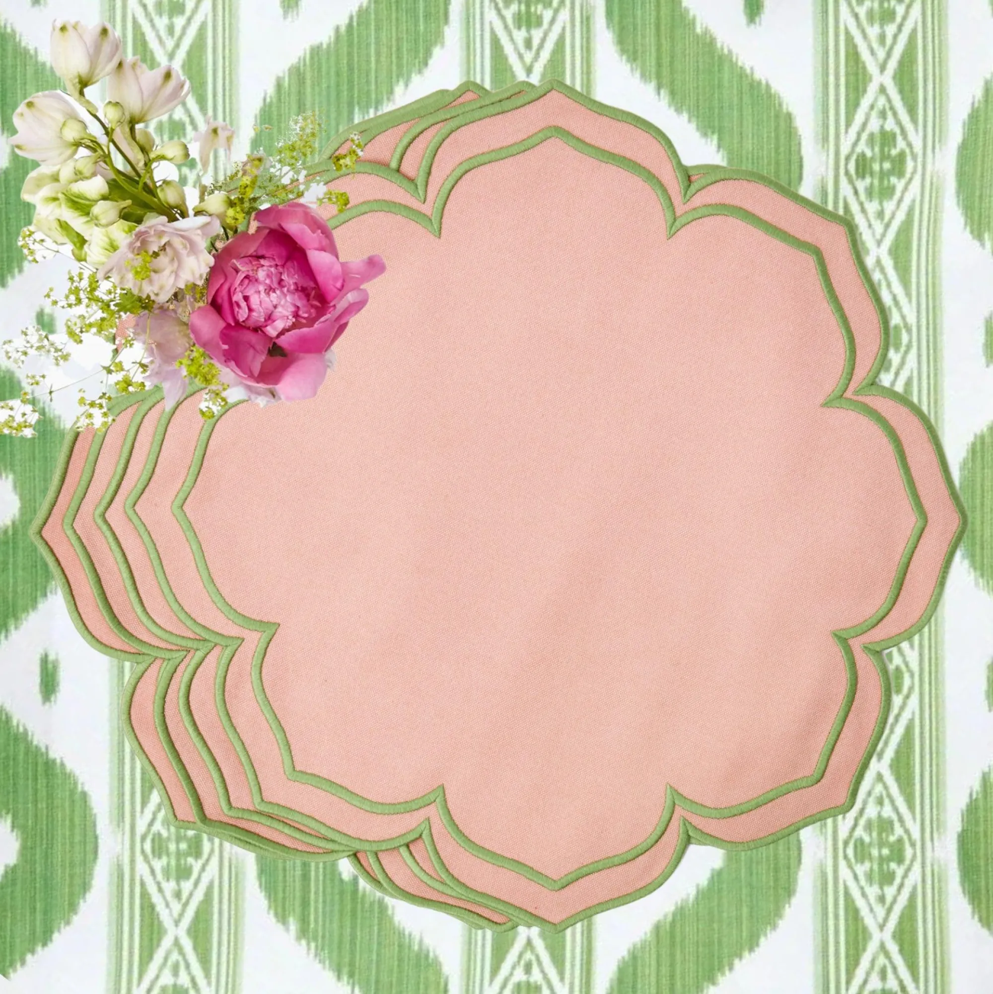 green_ikat__pink_fleur_li_15.webp Fashion Green Ikat & Pink Fleur Linen Set Table Linen Sets