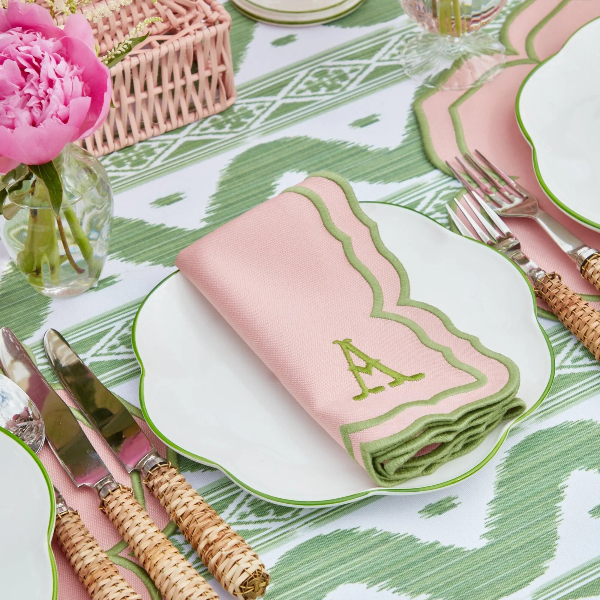 green_ikat__pink_fleur_li_6.webp Fashion Green Ikat & Pink Fleur Linen Set Table Linen Sets