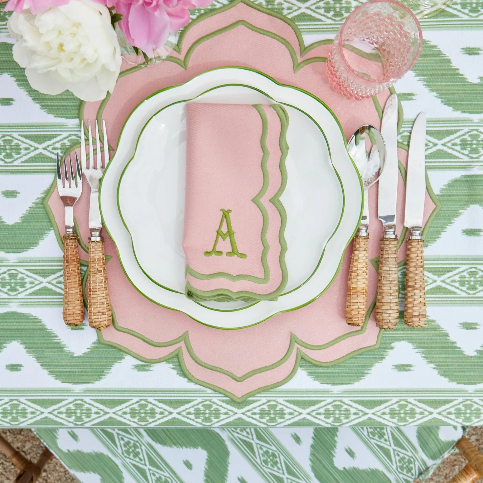 green_ikat__pink_fleur_li_8.webp Fashion Green Ikat & Pink Fleur Linen Set Table Linen Sets