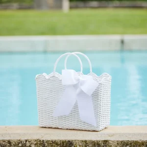 Flash Sale White Rattan Tote Bag (Blue Bow) Women Mrs. Alice Tote Bags
