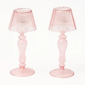 Best Pink Glass Lantern Tea Light Holder (Pair) - 24Cm Candle Holders