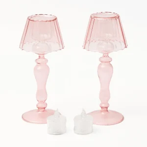 Best Pink Glass Lantern Tea Light Holder (Pair) - 24Cm Candle Holders