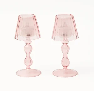 Clearance Pink Glass Lantern Tea Light Holder Set Pagodas & Lanterns