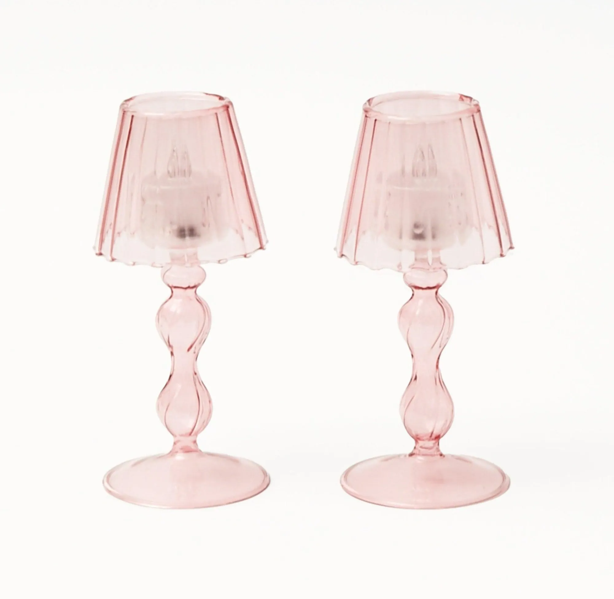 pink_glass_lantern_tea_li_5.webp Clearance Pink Glass Lantern Tea Light Holder Set Pagodas & Lanterns