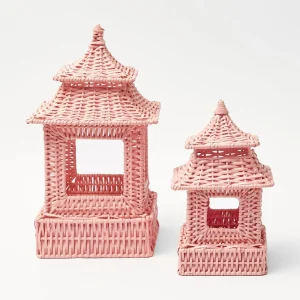 New Pink Rattan Pagoda Lantern Set Pagodas & Lanterns