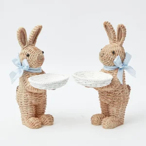 Outlet Rattan Blue Ribboned Rabbit With Basket (Pair) Rattan Tableware