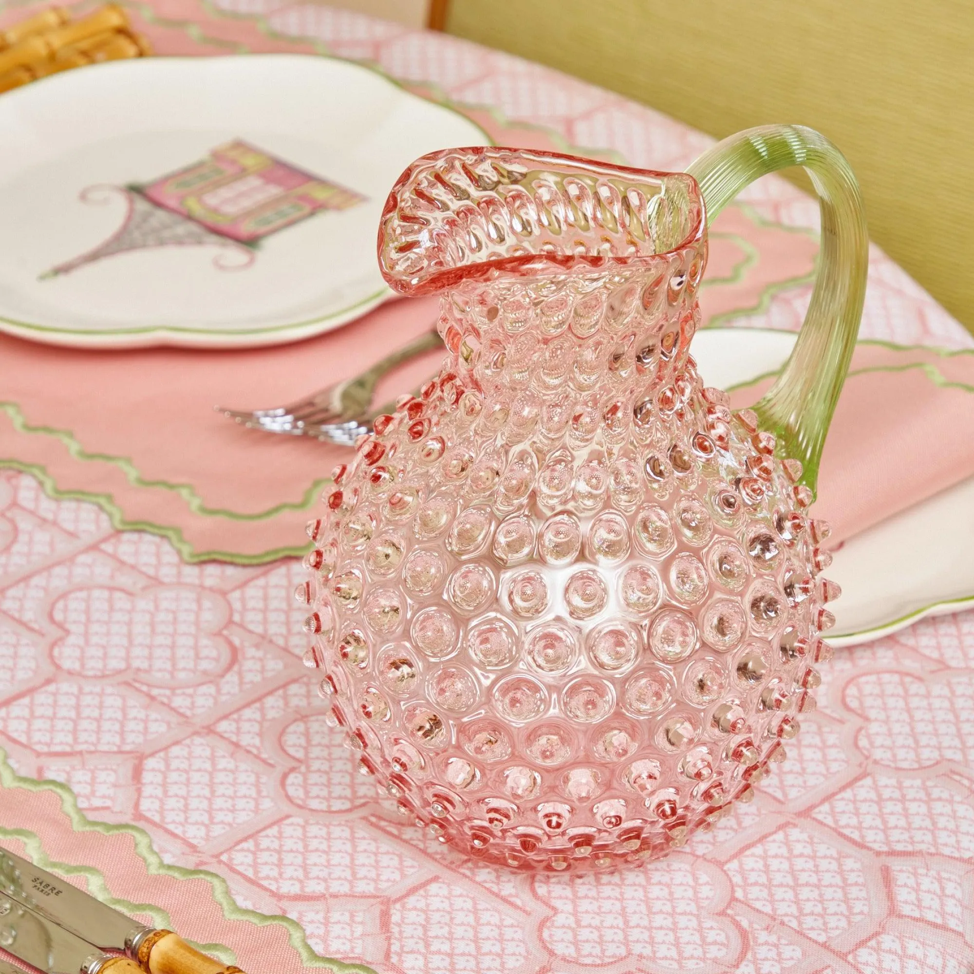 rose_hobnail_jug_with_eme_1.webp Clearance Rose Hobnail Jug With Emerald Handle Jugs