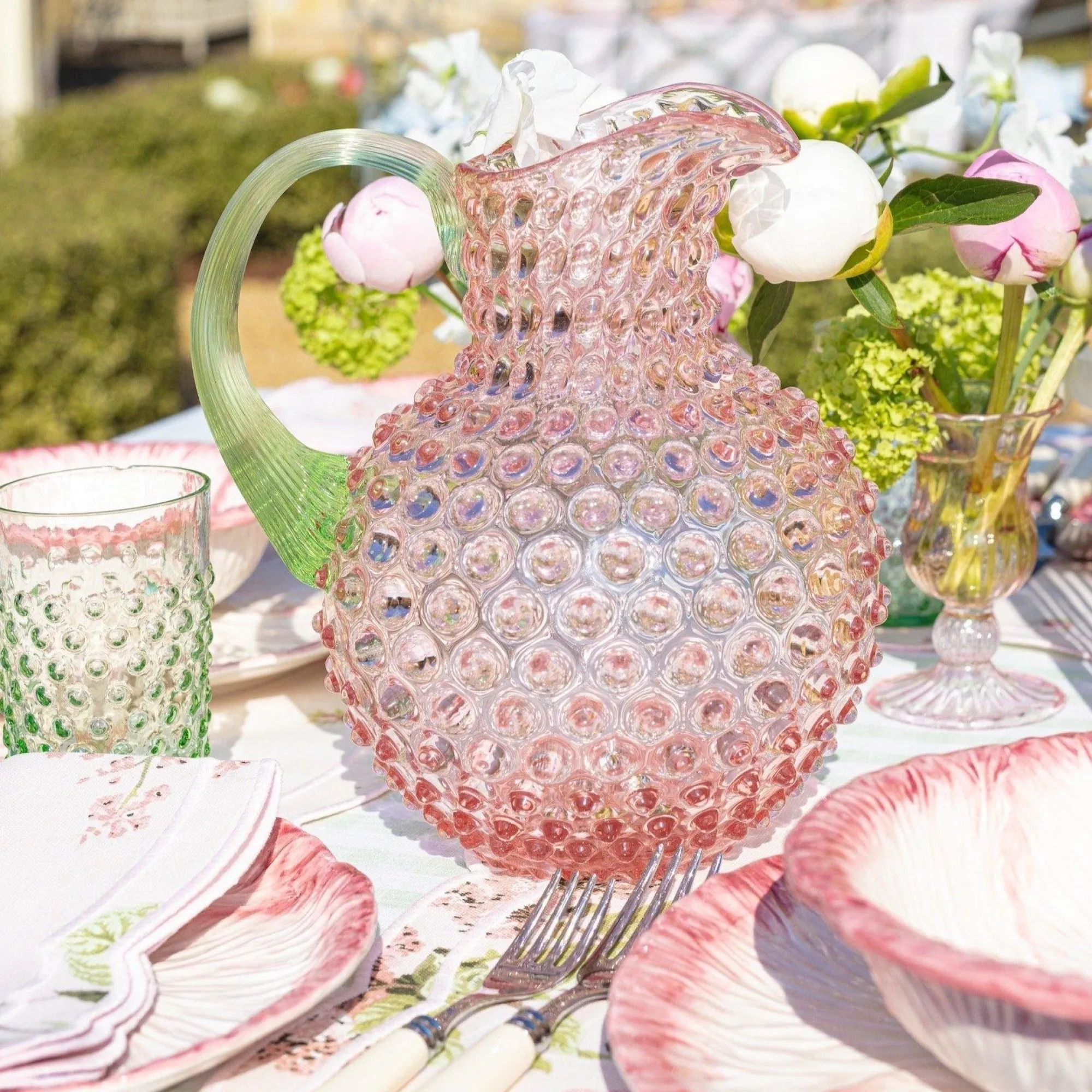 rose_hobnail_jug_with_eme_4-3.webp Discount Rose Hobnail Jug With Emerald Handle & Glasses (Set Of 6) Glasses
