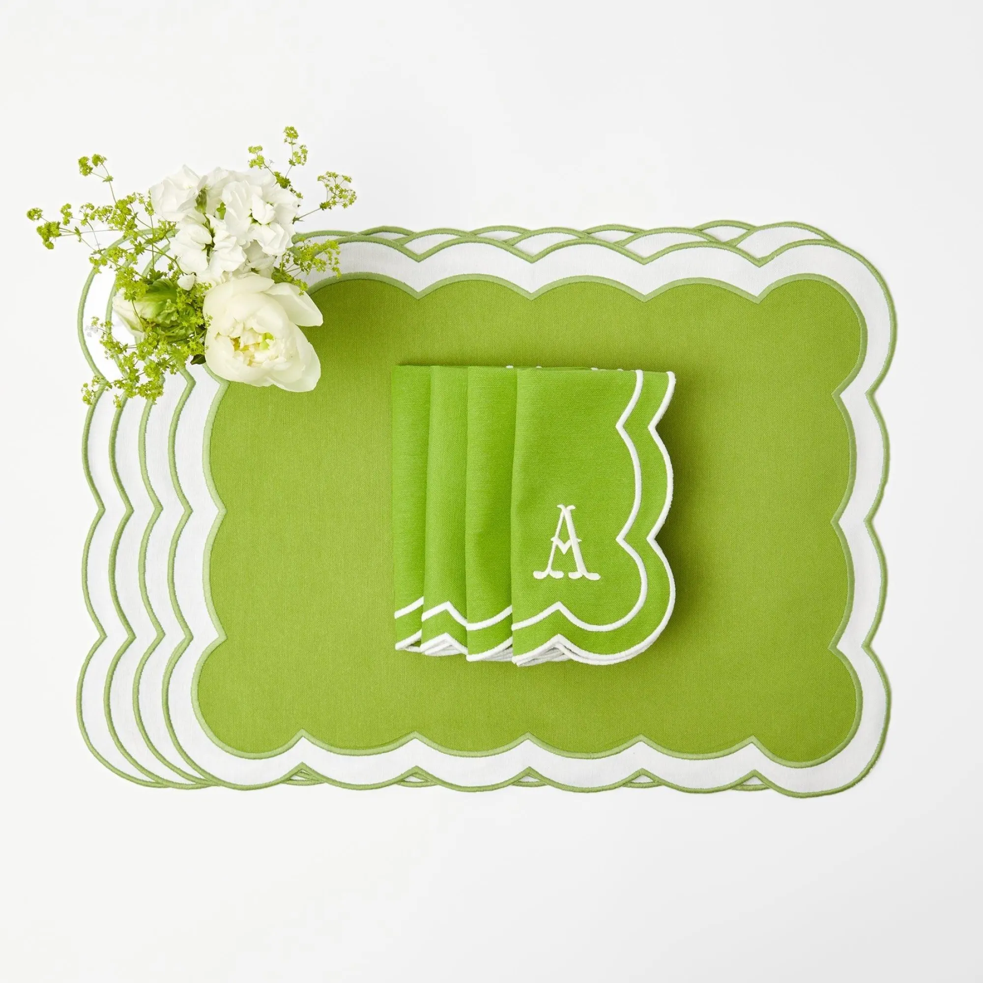 serena_applique_green_pla_1.webp Outlet Serena Applique Green Placemats & Napkins (Set Of 4) Table Linen Sets