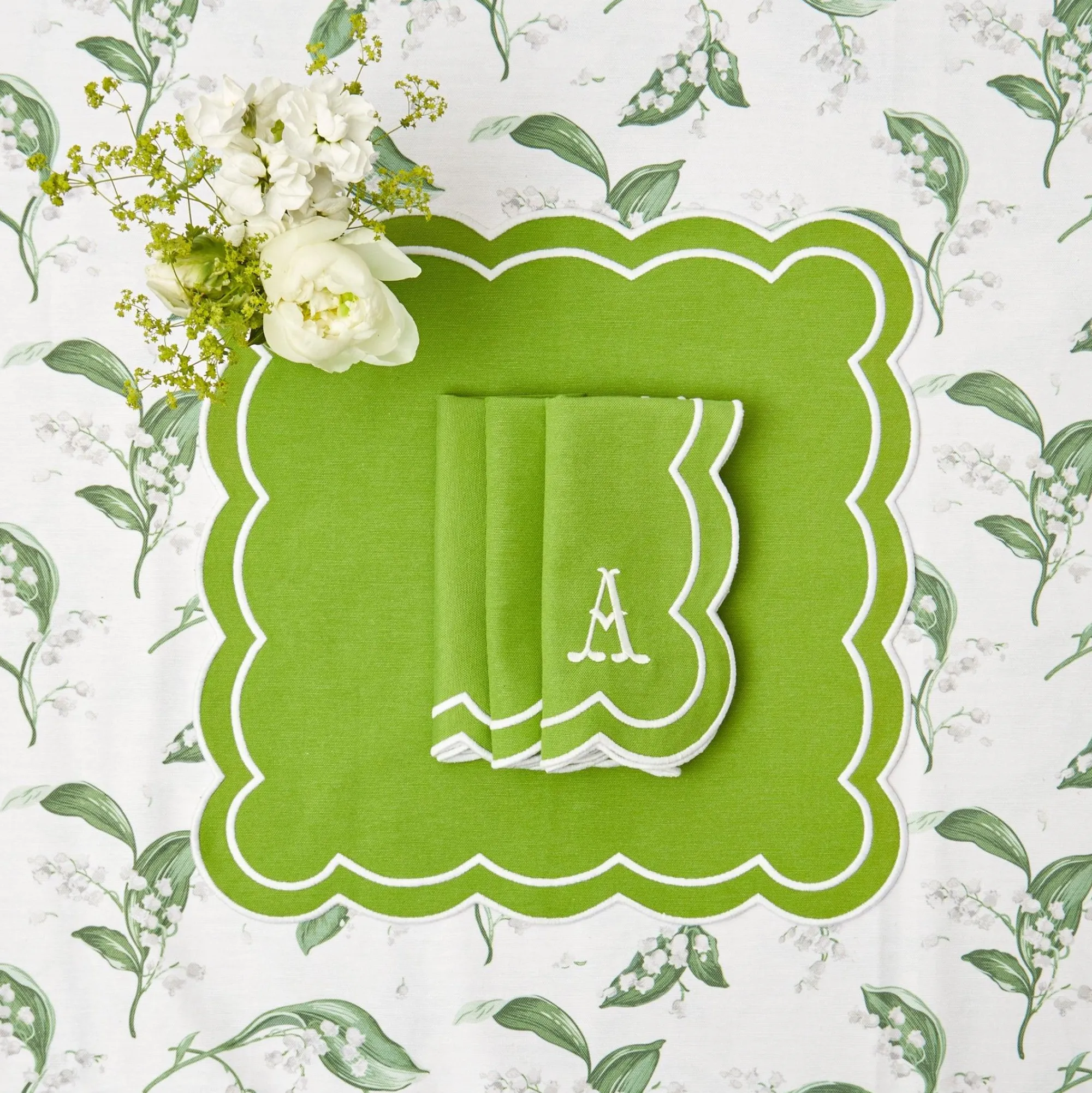 serena_applique_green_pla_10.webp Outlet Serena Applique Green Placemats & Napkins (Set Of 4) Table Linen Sets