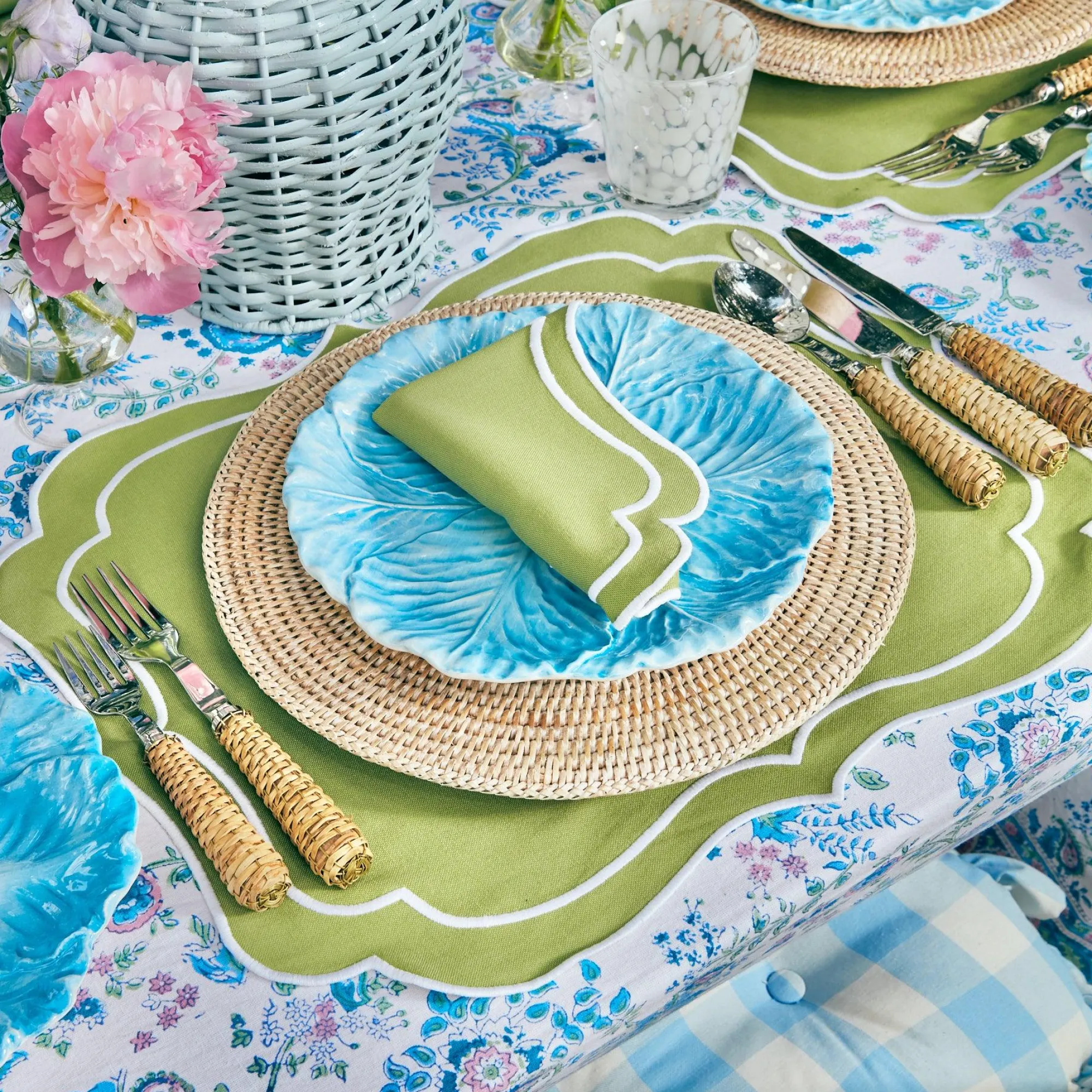 sylvie_green_embroidered__0.webp Online Sylvie Green Embroidered Placemats & Napkins (Set Of 4) Table Linen Sets