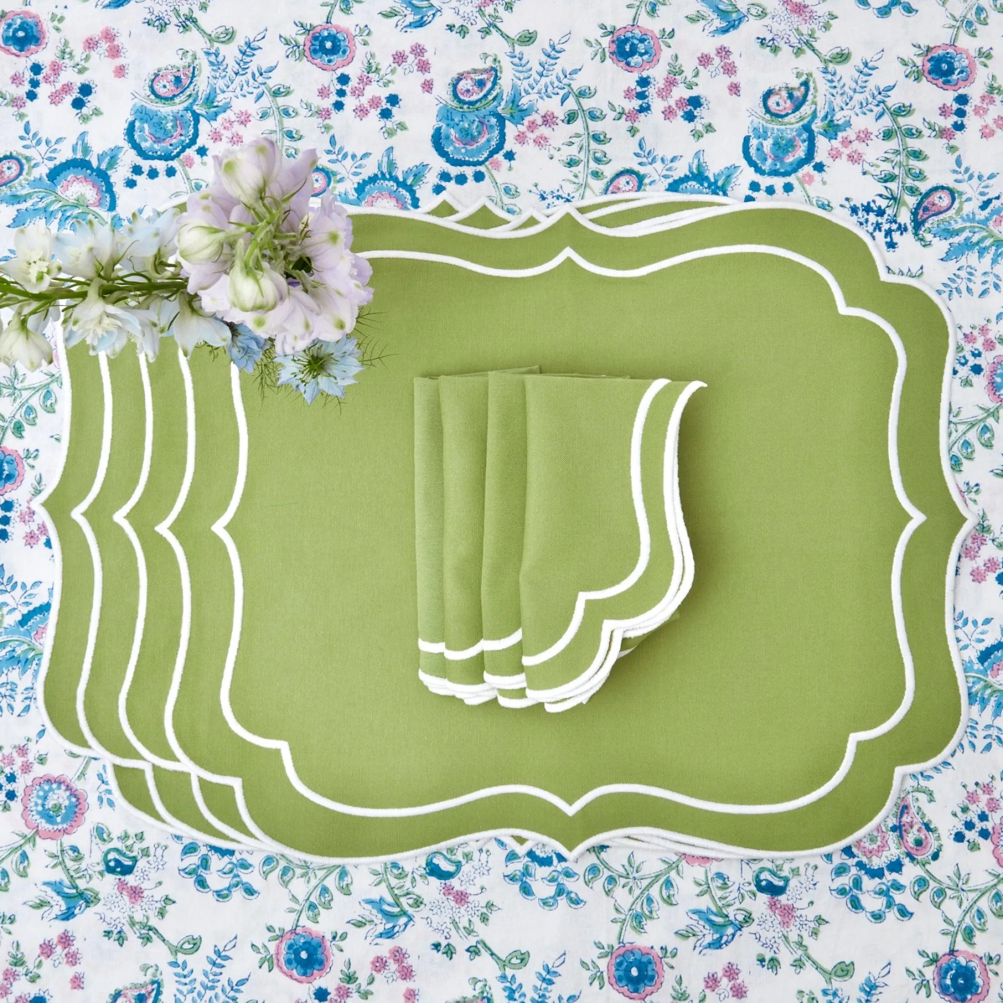 sylvie_green_embroidered__3.webp Online Sylvie Green Embroidered Placemats & Napkins (Set Of 4) Table Linen Sets