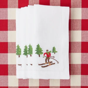 Discount White Embroidered Skier Napkins (Set Of 4) Napkins
