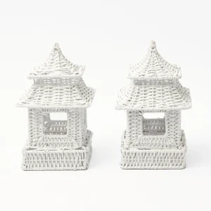 Store White Rattan Pagoda & Urn Vase Set Candle Holders