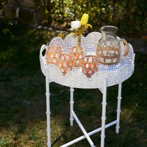Shop White Rattan Round Scalloped Tray With Stand Trays & Liners