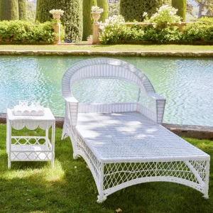 Outlet White Rattan Sun Lounger With Blue Ikat Cushion Rattan Furniture