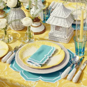 Flash Sale Yellow Melograno & Fleur Turquoise Linen Set Table Linen Sets