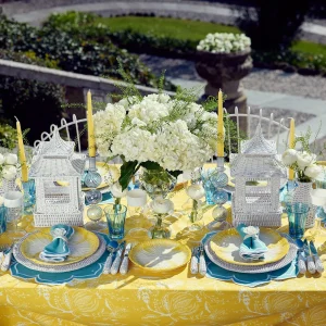 Flash Sale Yellow Melograno & Fleur Turquoise Linen Set Table Linen Sets