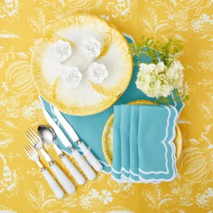 Flash Sale Yellow Melograno & Fleur Turquoise Linen Set Table Linen Sets