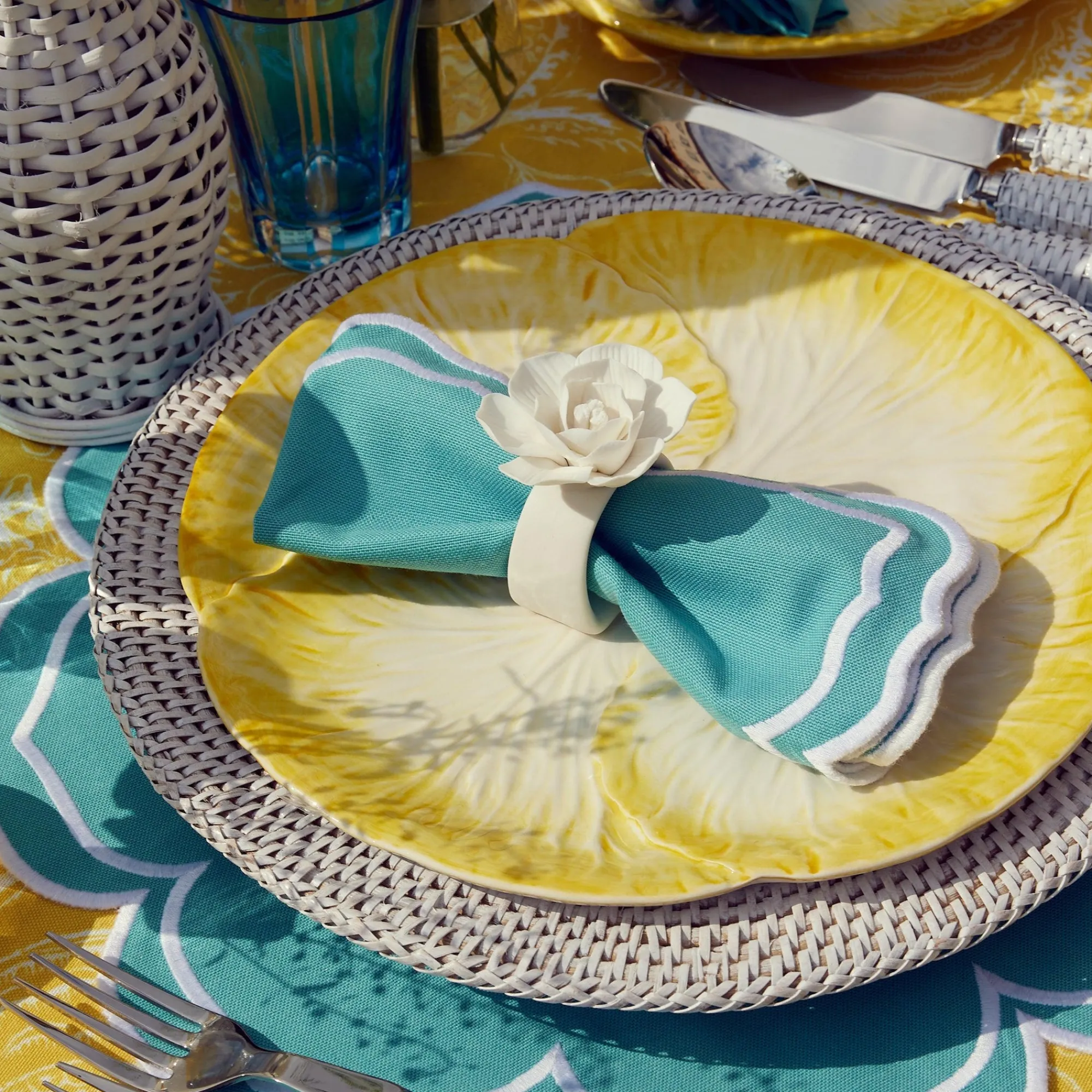 yellow_melograno__fleur_t_7.webp Flash Sale Yellow Melograno & Fleur Turquoise Linen Set Table Linen Sets